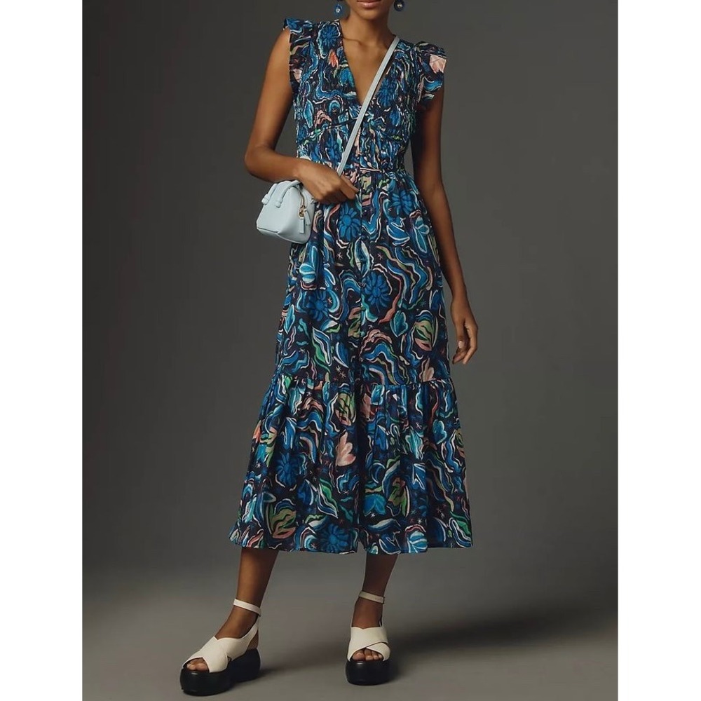 Anthropologie Midi Dress Peregrine Blue Printed Floral Sleeveless Size Large